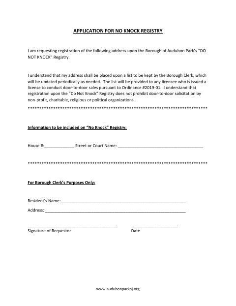 First page of the Application for No Knock Registry