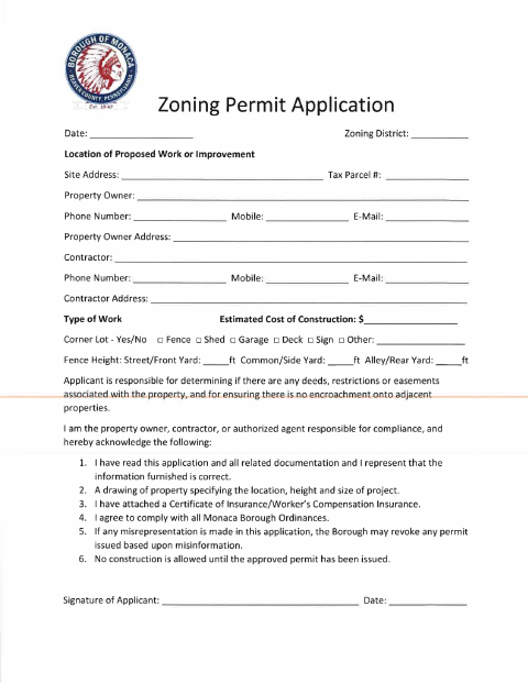First page of the Zoning Permit Application and Workers’ Compensation Affidavit