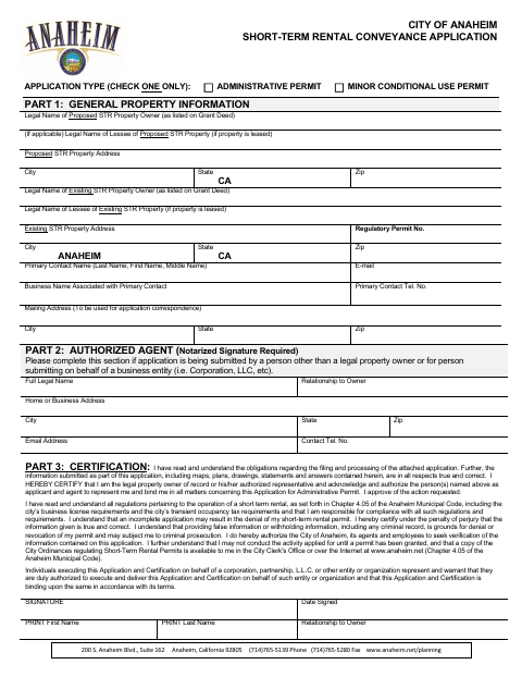 First page of the Short-Term Rental Conveyance Application