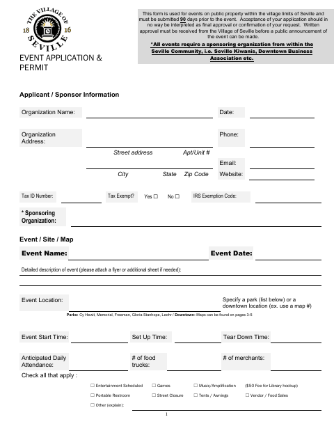First page of the Event Application & Permit