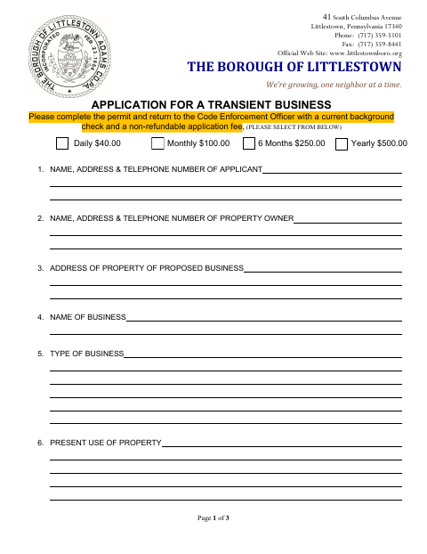 First page of the Transient Business Application