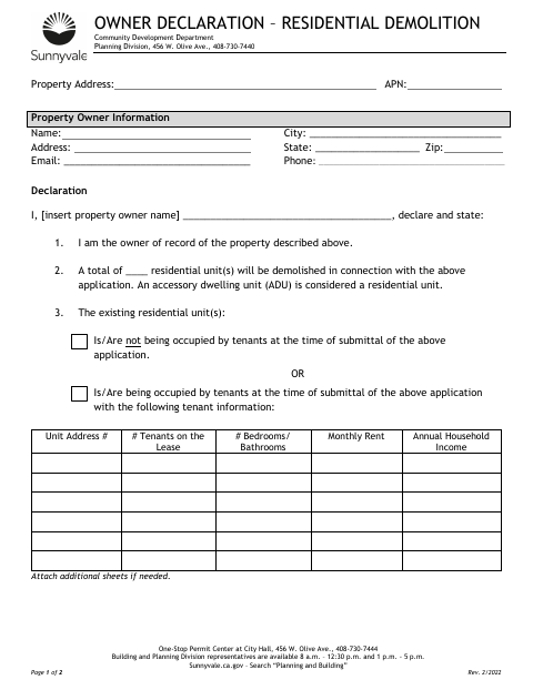 First page of the Owner Declaration – Residential Demolition