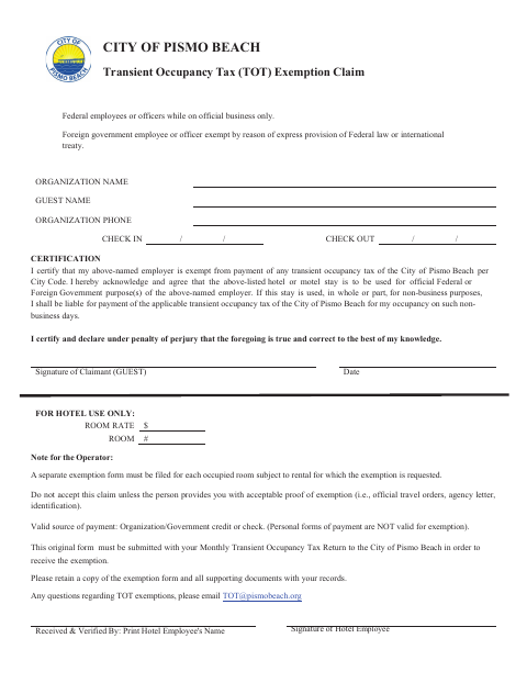 First page of the Transient Occupancy Tax Exemption Claim