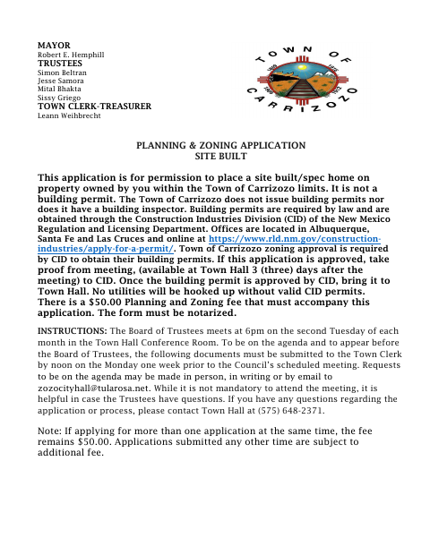 First page of the Planning And Zoning Application – Site Built