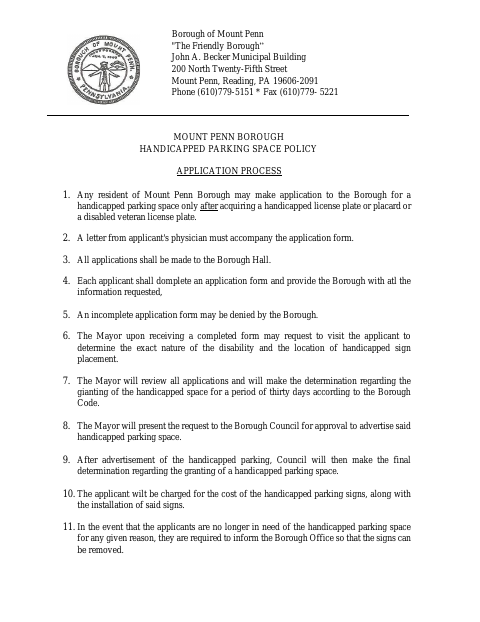 First page of the Handicapped Parking Space Permit Application