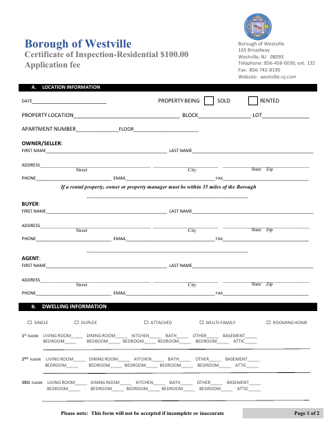 First page of the Certificate of Inspection - Residential