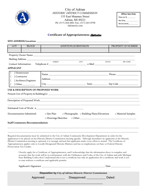 First page of the Certificate of Appropriateness Application