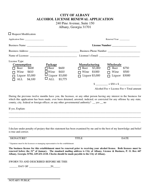 First page of the Alcohol License Renewal Application