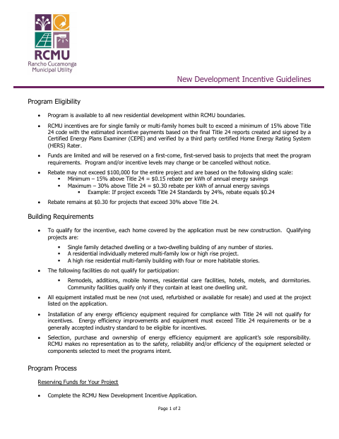 First page of the New Development Incentive Application