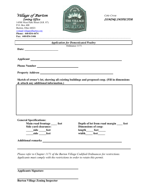 First page of the Application for Domesticated Poultry