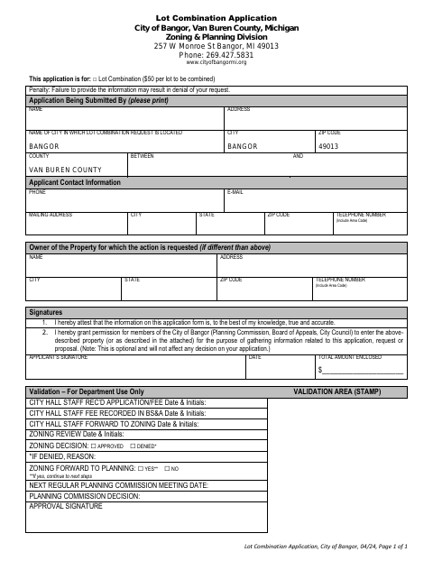 First page of the Lot Combination Application