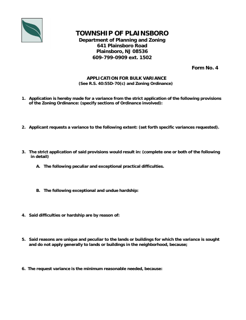 First page of the Bulk Variance Application