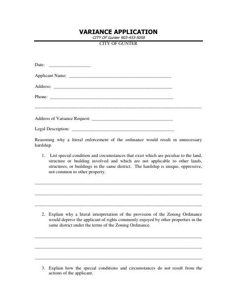 First page of the Variance Application