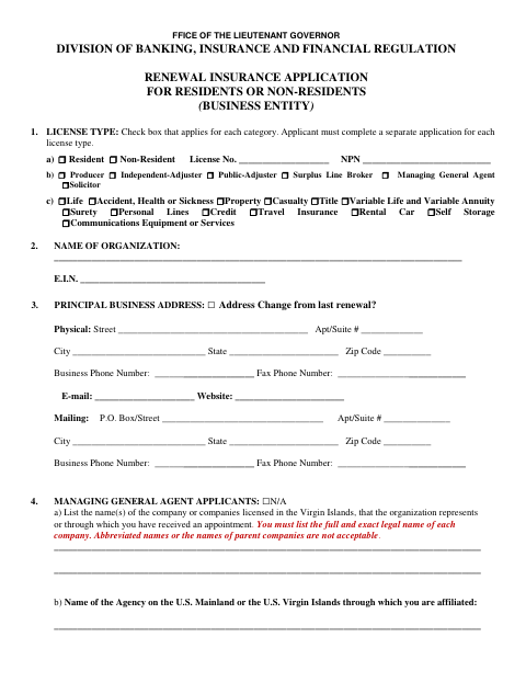 First page of the Renewal Insurance Application for Business Entities