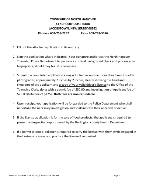 First page of the Solicitor’s/Canvasser’s Permit Application