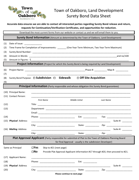First page of the Land Development Surety Bond Data Sheet