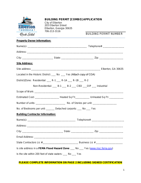 First page of the Combo Building Permit Application