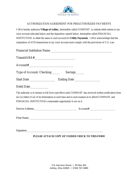 First page of the Authorization Agreement for Preauthorized Payments