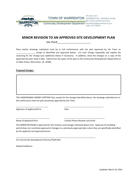 First page of the Minor Revision to an Approved Site Development Plan