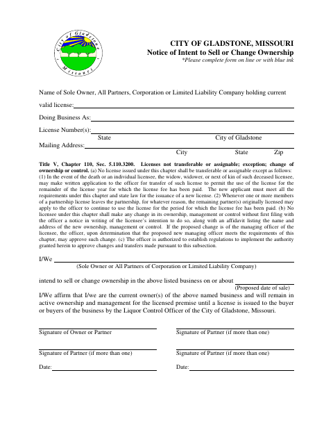 First page of the Notice of Intent to Sell or Change Ownership
