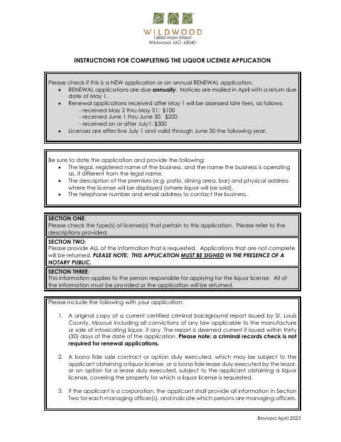First page of the Liquor License Application