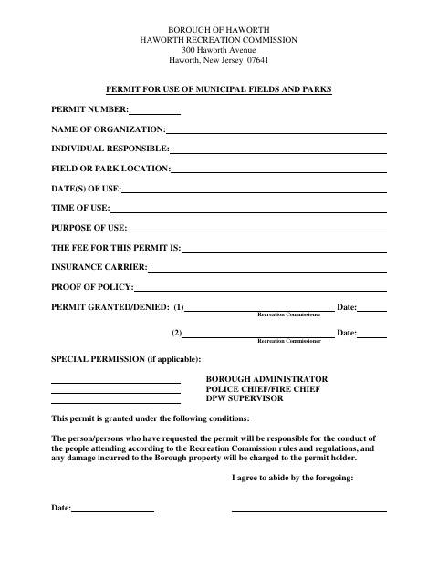First page of the Permit for Use of Municipal Fields and Parks