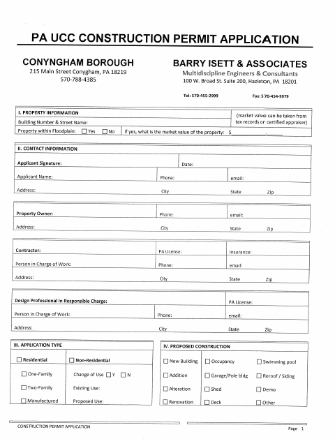 First page of the UCC Construction Permit Application