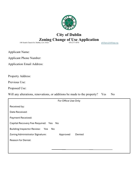 First page of the Zoning Change of Use Application