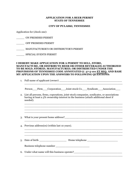First page of the Application for a Beer Permit