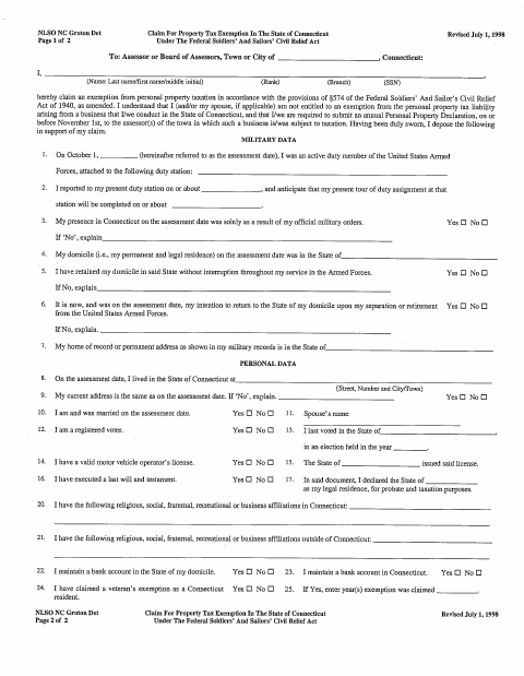 First page of the Motor Vehicle Soldiers and Sailors Tax Exemption Claim