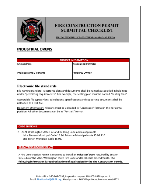 First page of the Industrial Ovens Submittal Checklist