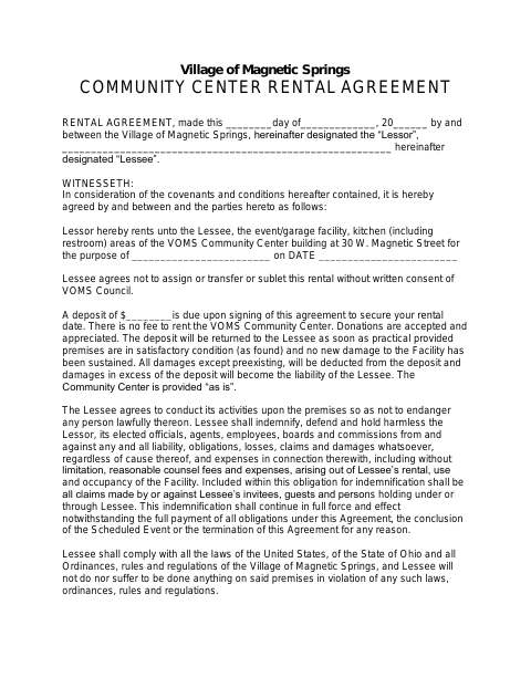 First page of the Community Center Rental Agreement