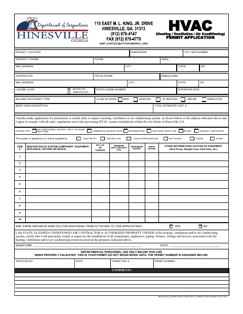 First page of the HVAC Permit Application