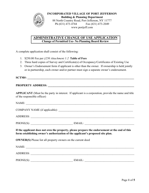First page of the Administrative Change of Use Application