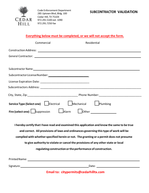 First page of the Subcontractor Validation