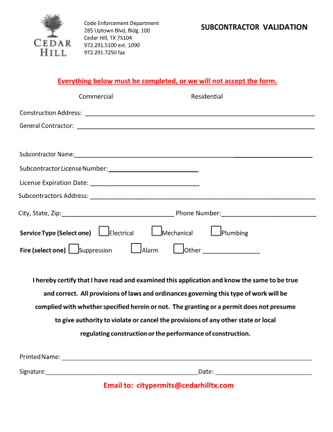 First page of the Subcontractor Validation