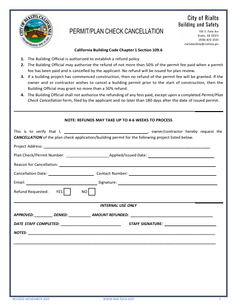 First page of the Permit/Plan Check Cancellation