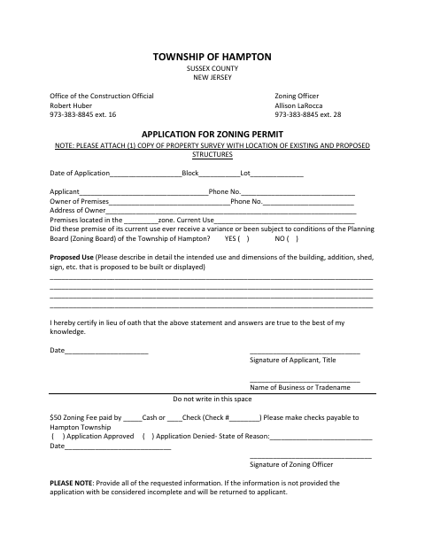 First page of the Application for Zoning Permit