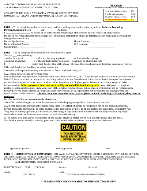 First page of the Application for One- and Two-Family Dwelling Smoke and Carbon Monoxide Detector Compliance Certification