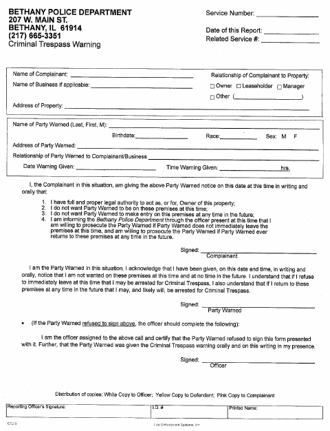 First page of the Criminal Trespass Warning Form