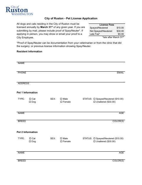 First page of the Pet License Application