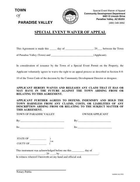 First page of the Special Event Waiver of Appeal