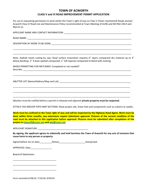 First page of the Class V and VI Road Improvement Permit Application