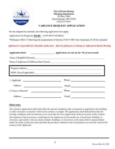 First page of the Variance Request Application