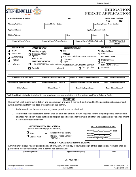 First page of the Irrigation Permit Application