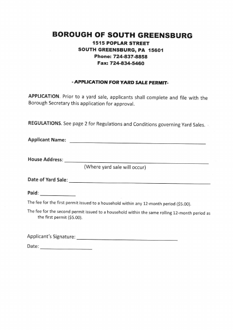 First page of the Yard Sale Permit Application