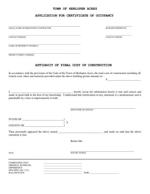 First page of the Application for Certificate of Occupancy