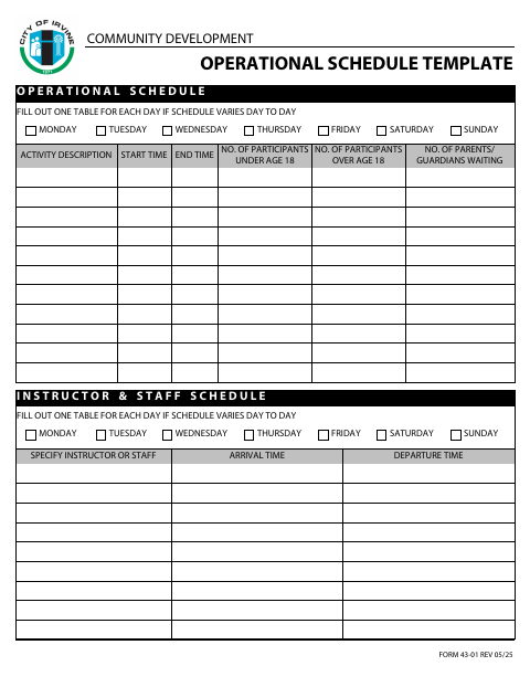 First page of the Operational Schedule Template