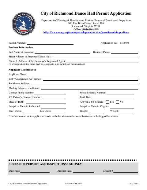 First page of the Dance Hall Permit Application