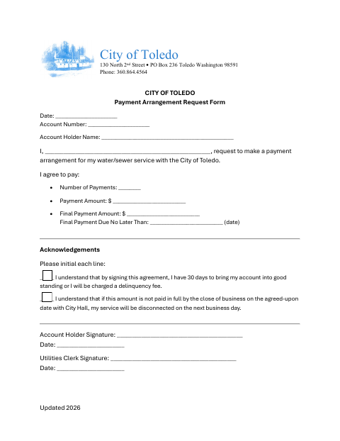 First page of the Payment Arrangement Request Form